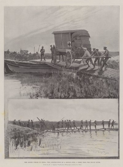De Geallieerde Troepen in China, de Bouw van een Brug over een Kreek nabij de Pei-ho Rivier door Henry Charles Seppings Wright